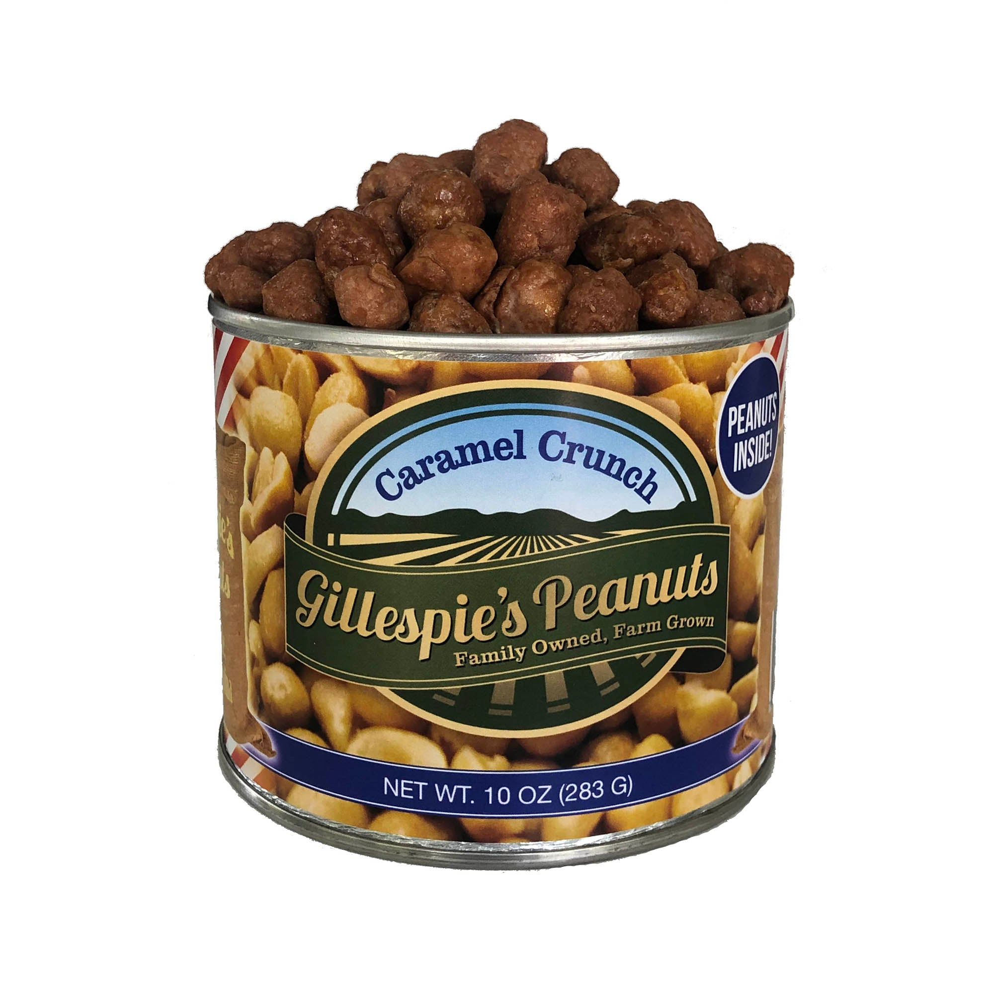 An open can of Caramel Crunch peanuts