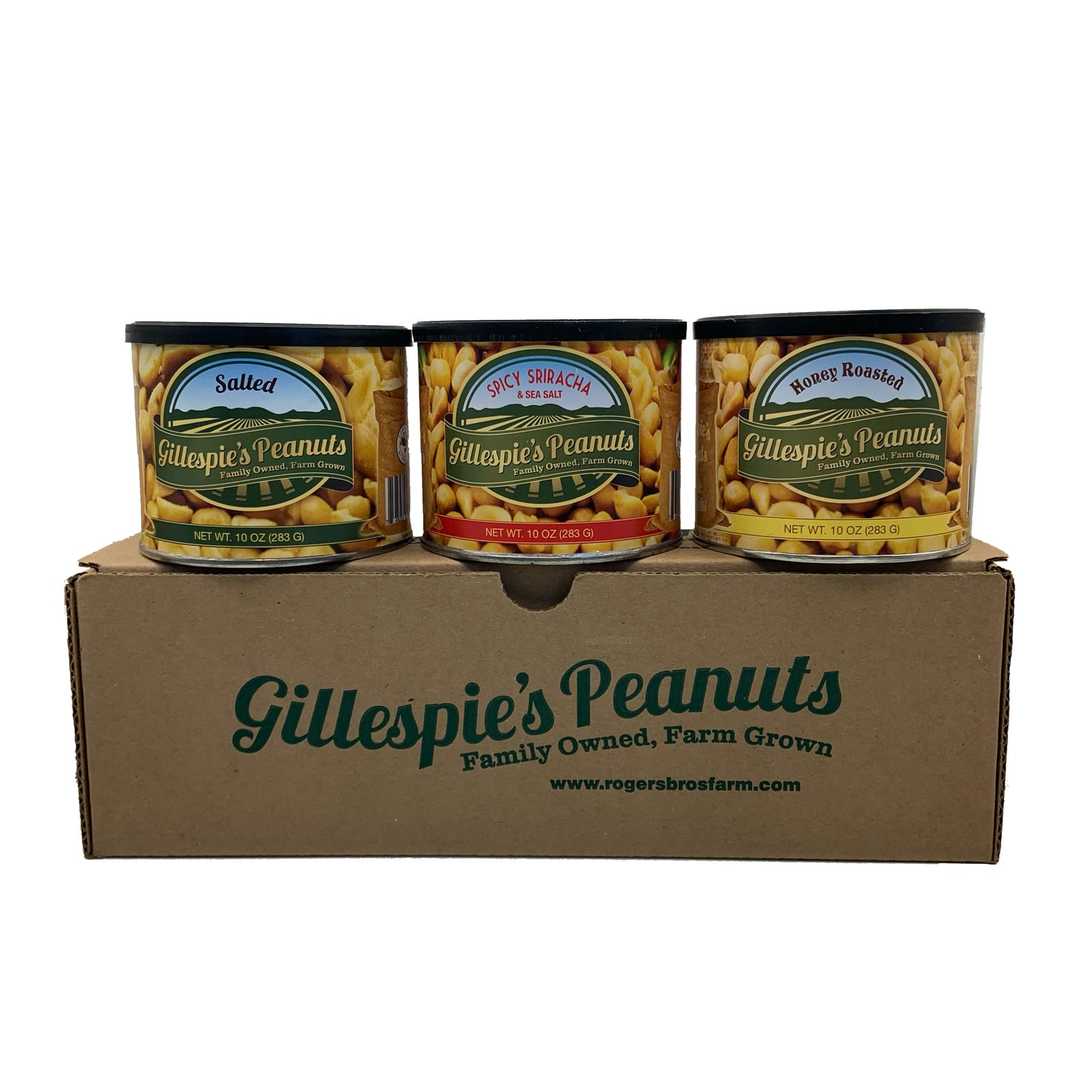 Three cans on a Gillespie's Peanuts gift box